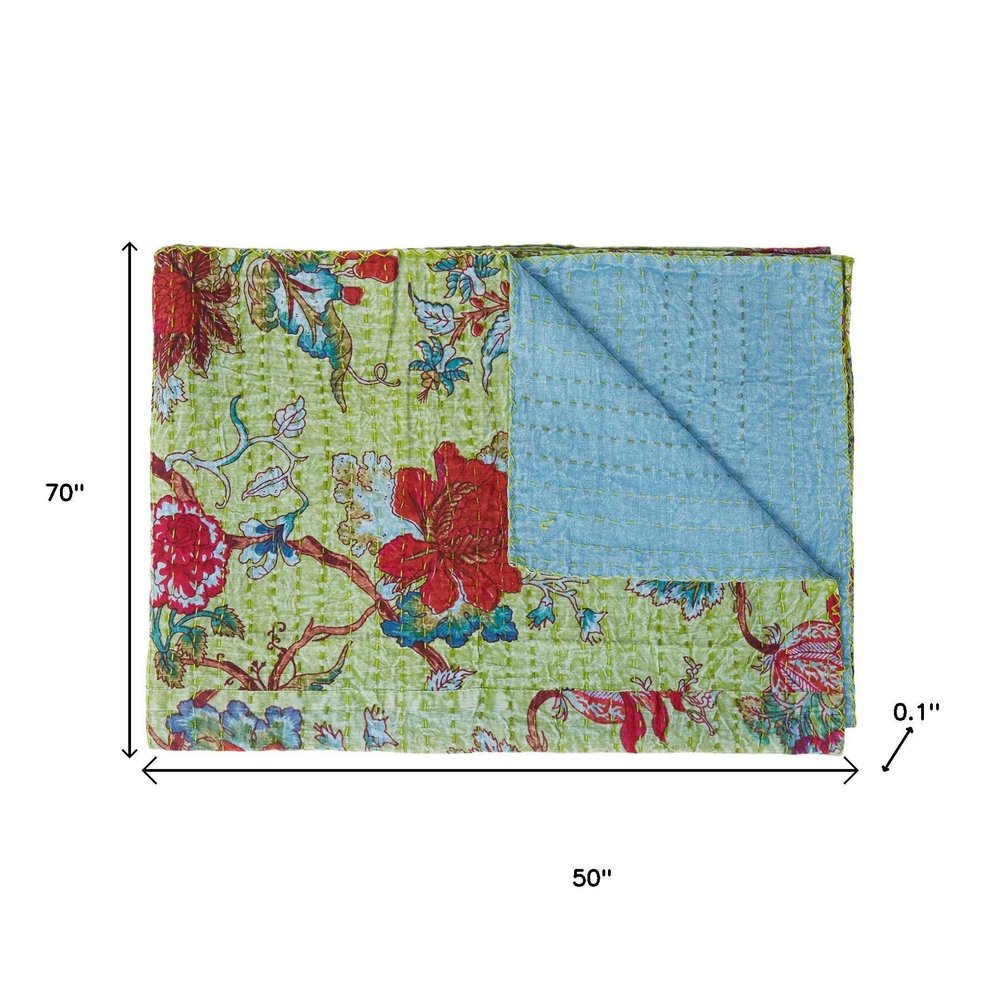 50" X 70" Green And Red Floral Cotton Quilted Kantha Throw Blanket with Embroidery