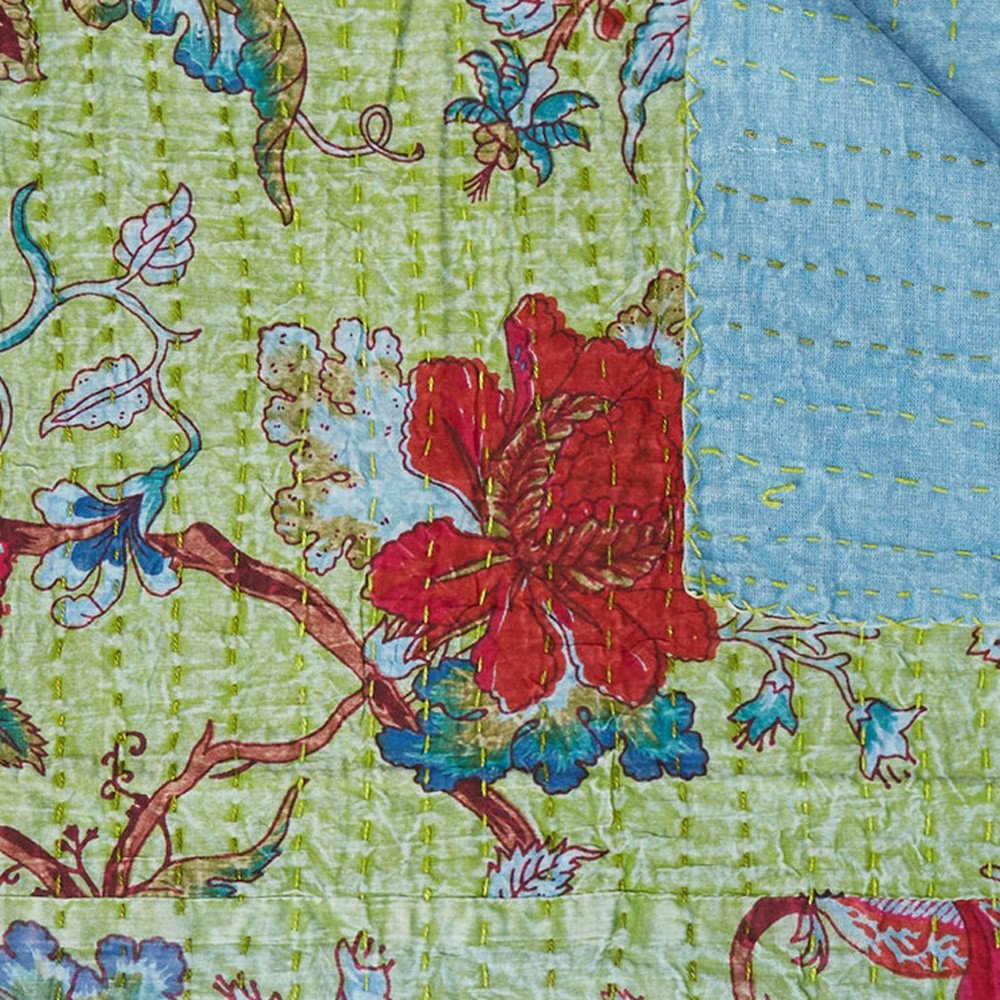 50" X 70" Green And Red Floral Cotton Quilted Kantha Throw Blanket with Embroidery