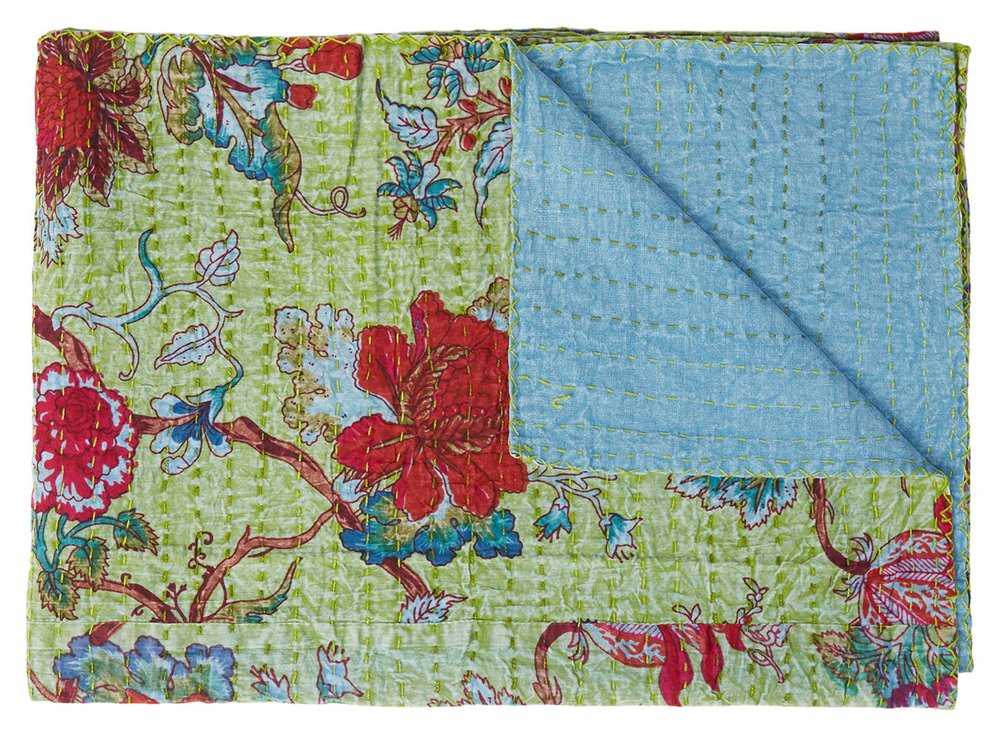 50" X 70" Green And Red Floral Cotton Quilted Kantha Throw Blanket with Embroidery