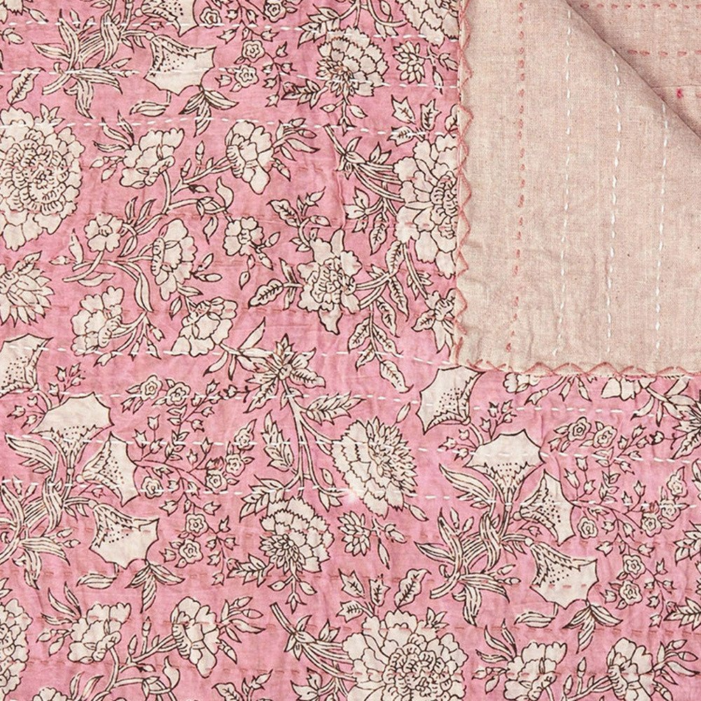 50" X 70" Pink And Blush Floral Cotton Quilted Kantha Throw Blanket with Embroidery