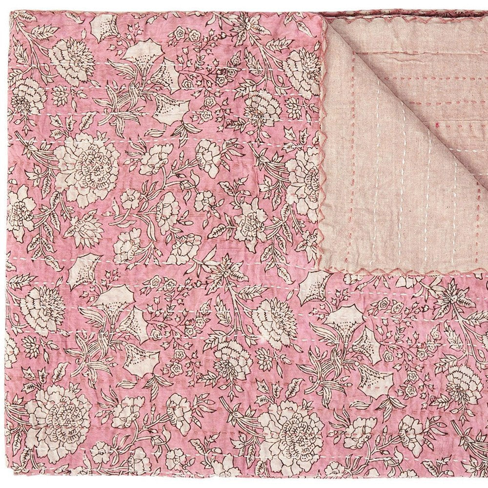 50" X 70" Pink And Blush Floral Cotton Quilted Kantha Throw Blanket with Embroidery