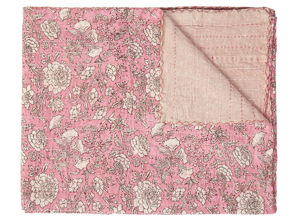 50" X 70" Pink And Blush Floral Cotton Quilted Kantha Throw Blanket with Embroidery