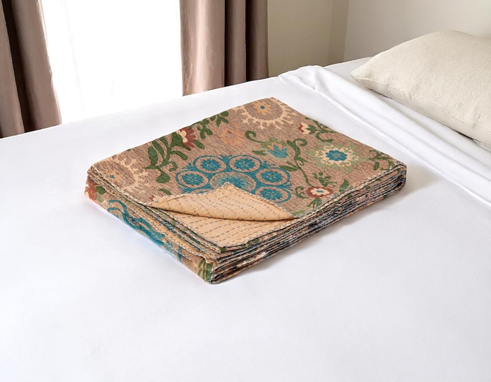 50" X 70" Red And Taupe Floral Cotton Quilted Kantha Throw Blanket with Embroidery
