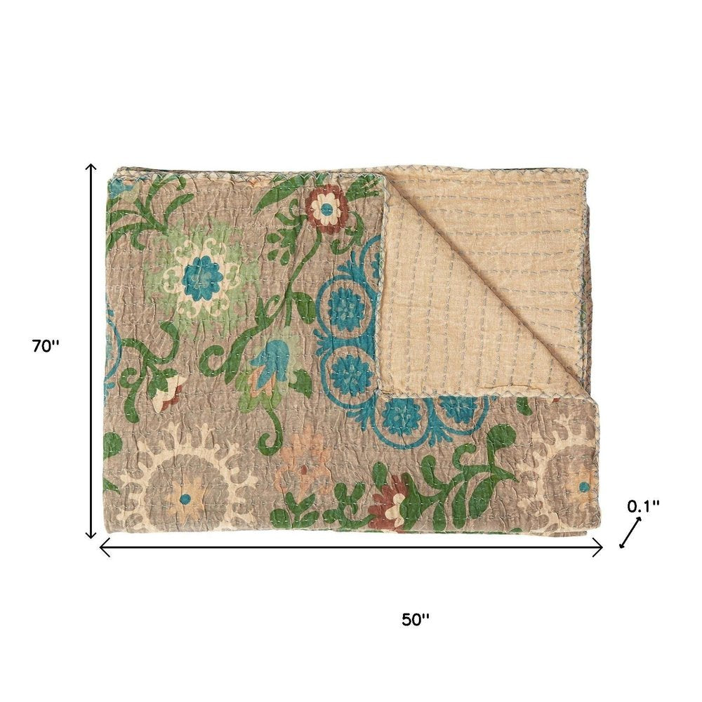 50" X 70" Red And Taupe Floral Cotton Quilted Kantha Throw Blanket with Embroidery