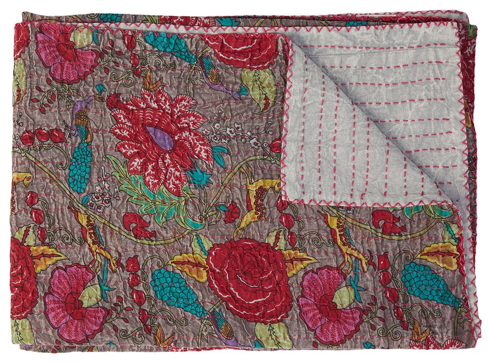 50" X 70" Brown And Red Floral Cotton Quilted Kantha Throw Blanket with Embroidery