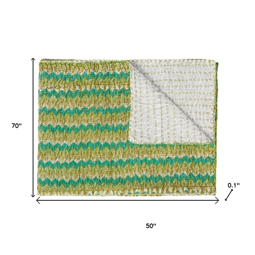 50" X 70" Brown And Red Floral Cotton Quilted Kantha Throw Blanket with Embroidery
