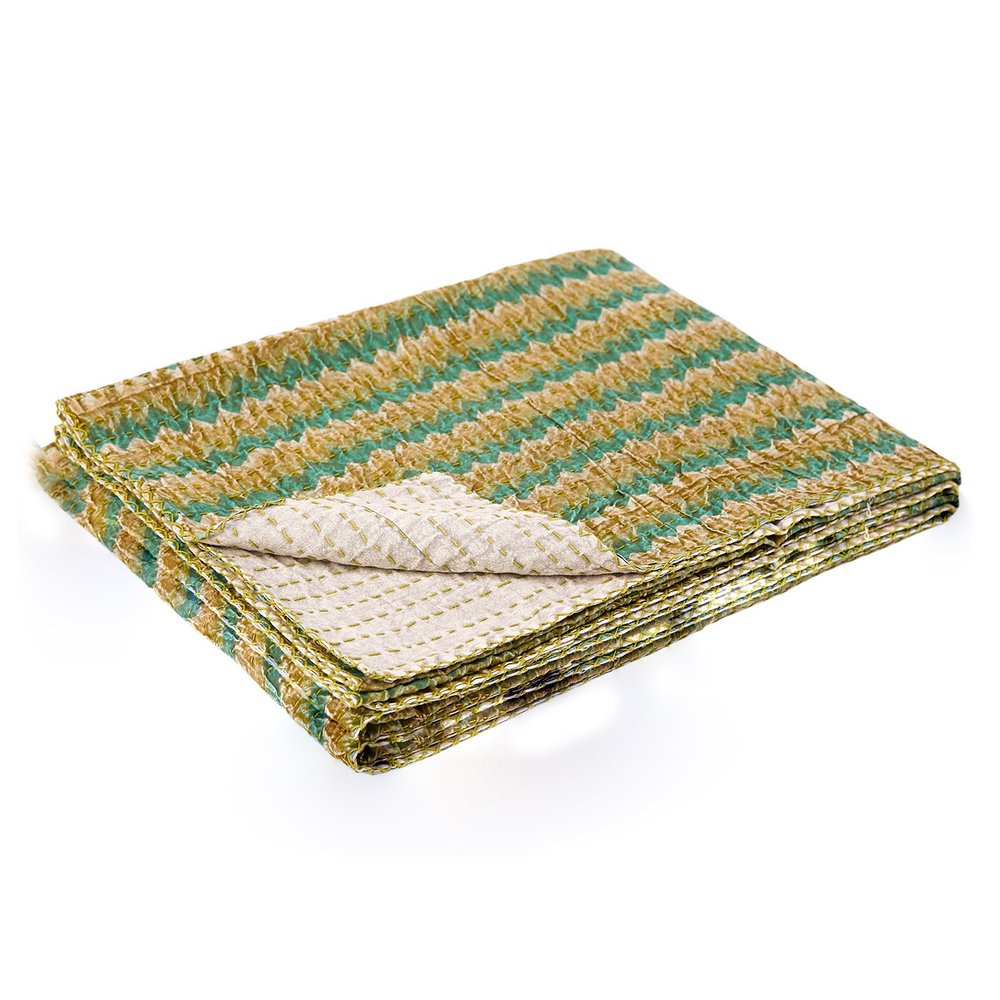 50" X 70" Brown And Red Floral Cotton Quilted Kantha Throw Blanket with Embroidery