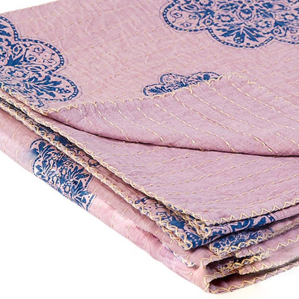 50" X 70" Blue And Pink Floral Cotton Quilted Kantha Throw Blanket with Embroidery