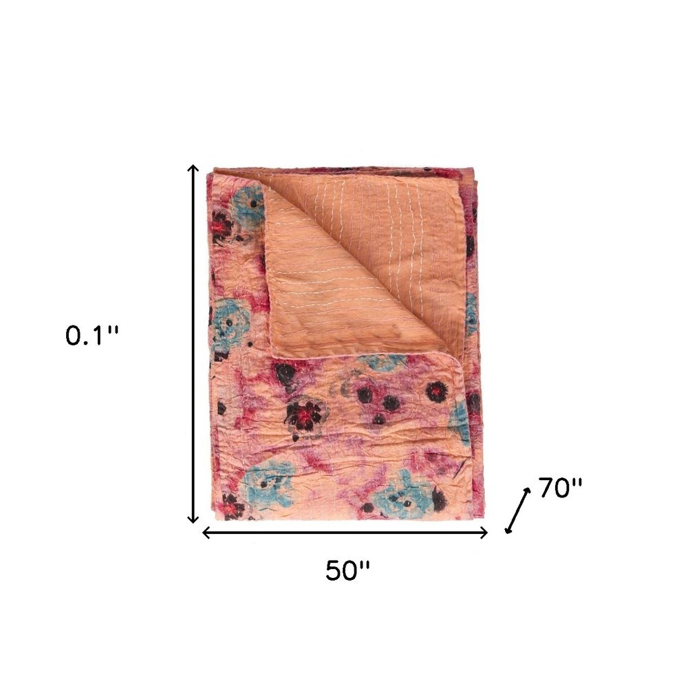 50" X 70" Orange Pink And Blue Cotton Floral Quilted Throw Blanket with Embroidery