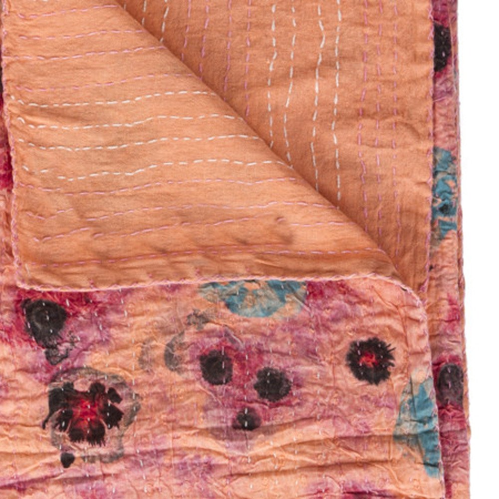 50" X 70" Orange Pink And Blue Cotton Floral Quilted Throw Blanket with Embroidery