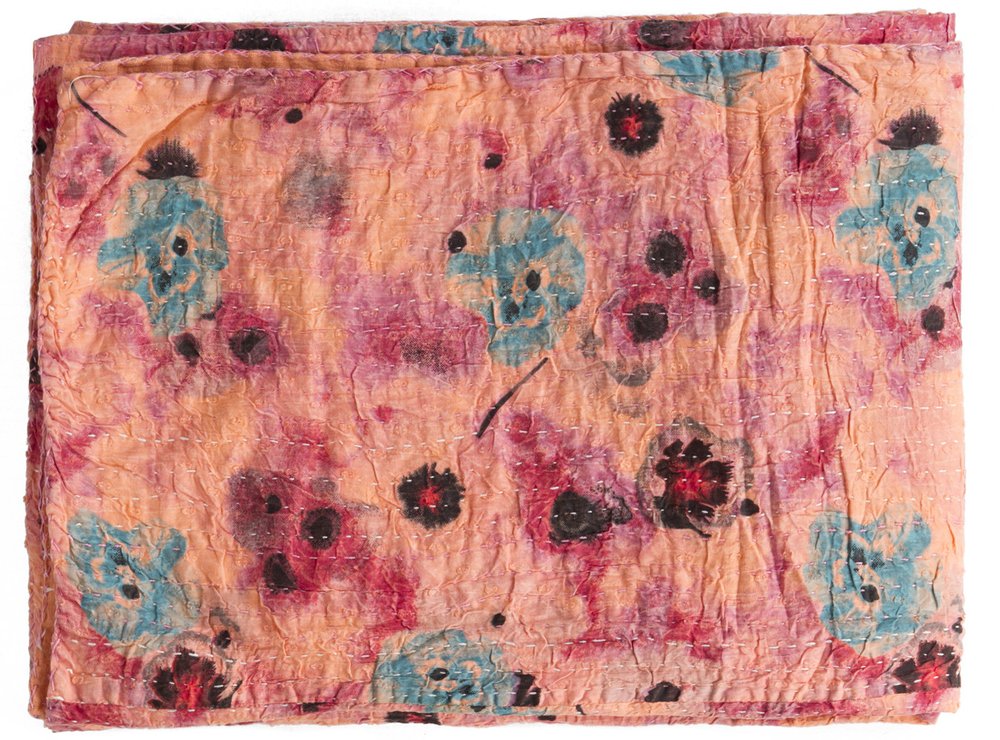 50" X 70" Orange Pink And Blue Cotton Floral Quilted Throw Blanket with Embroidery