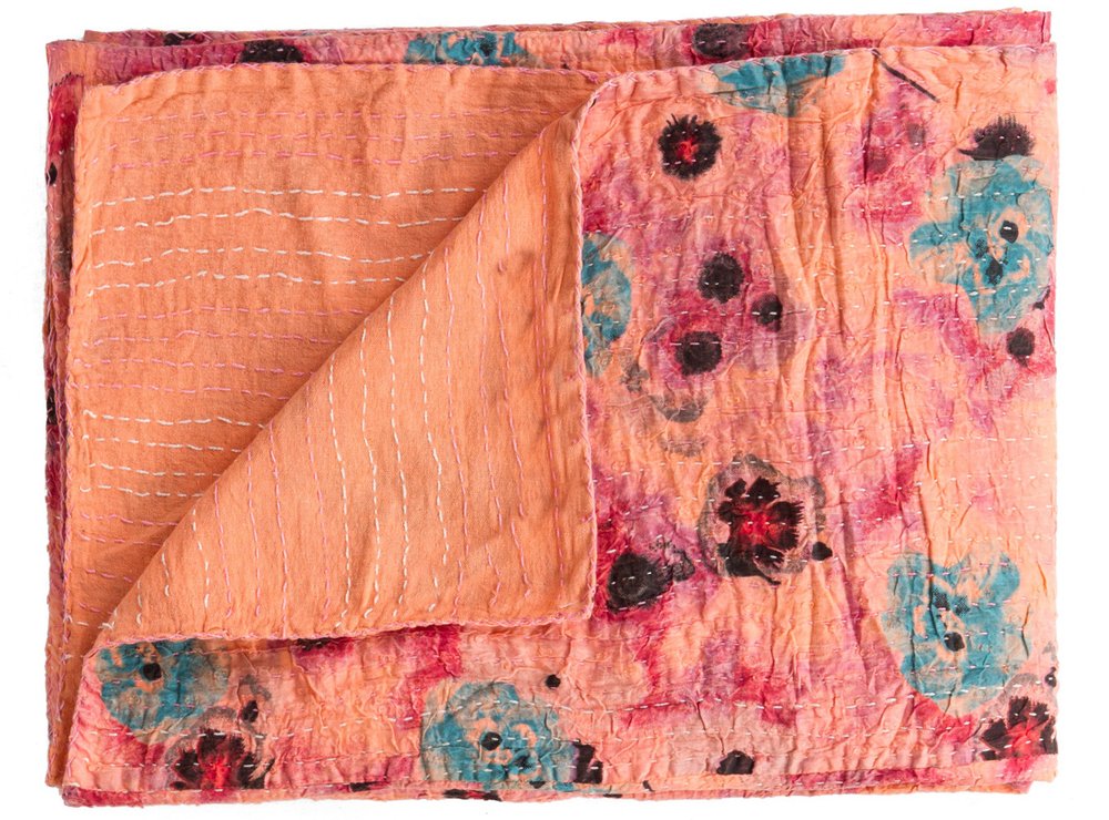 50" X 70" Orange Pink And Blue Cotton Floral Quilted Throw Blanket with Embroidery