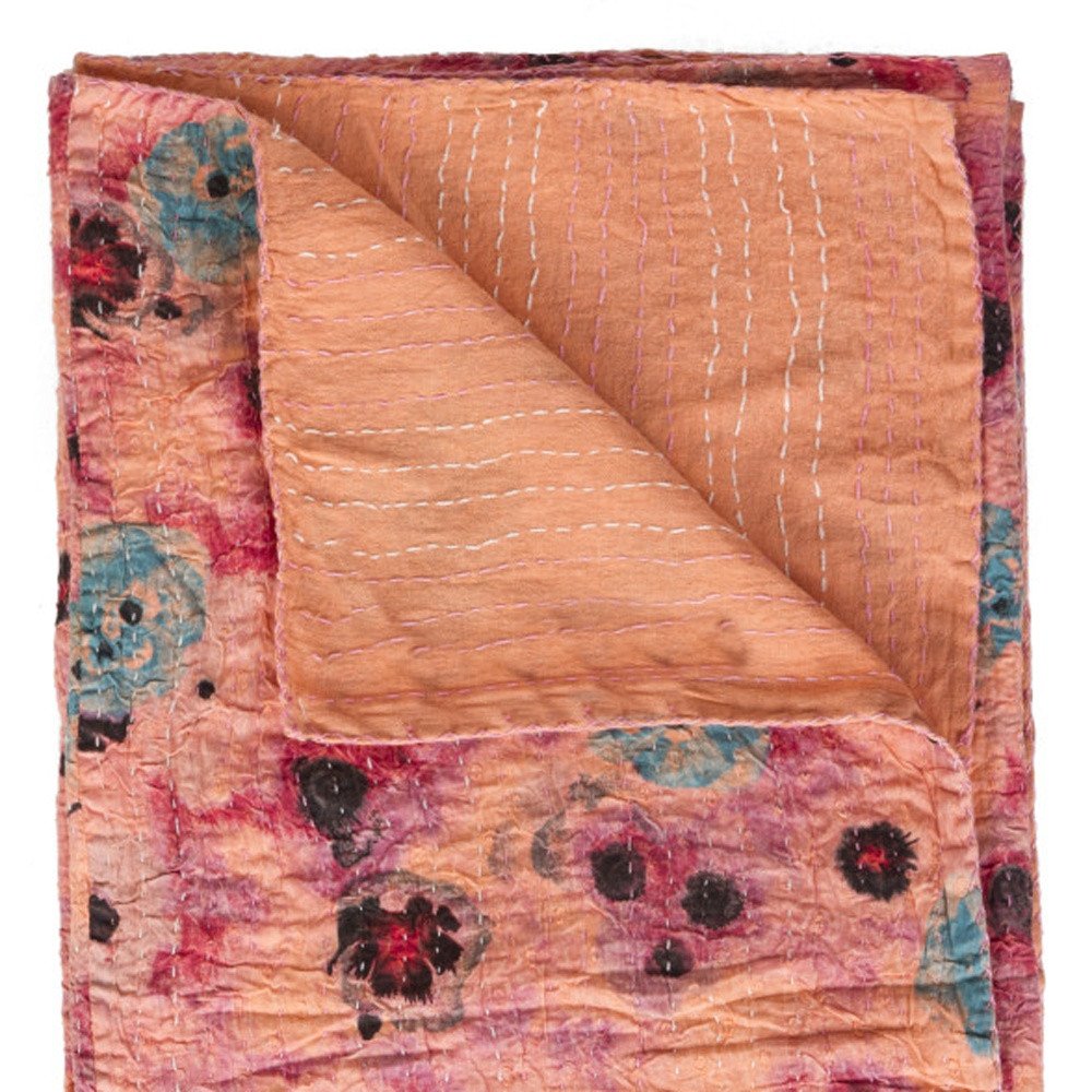 50" X 70" Orange Pink And Blue Cotton Floral Quilted Throw Blanket with Embroidery