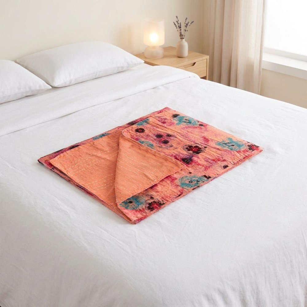 50" X 70" Orange Pink And Blue Cotton Floral Quilted Throw Blanket with Embroidery