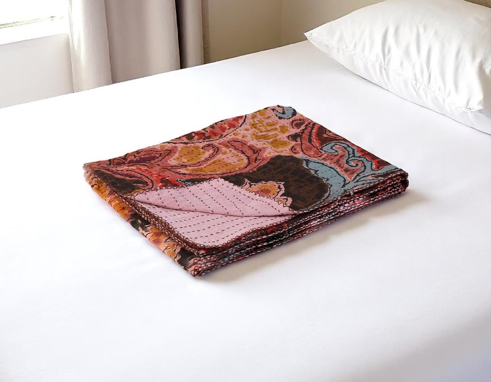 50" X 70" Brown And Pink Floral Cotton Quilted Kantha Throw Blanket with Embroidery