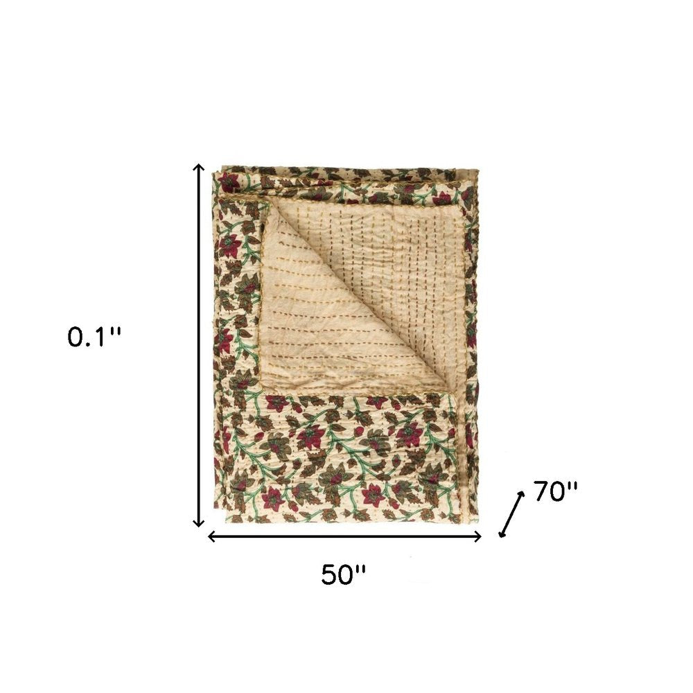 50" X 70" Brown And Pink Floral Cotton Quilted Kantha Throw Blanket with Embroidery