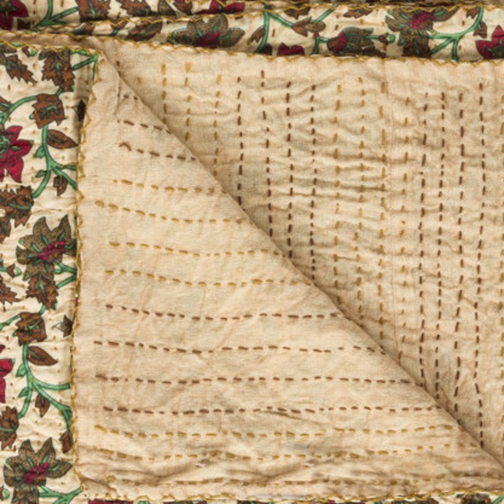 50" X 70" Brown And Pink Floral Cotton Quilted Kantha Throw Blanket with Embroidery