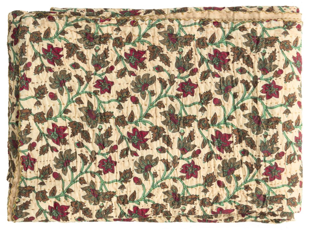 50" X 70" Brown And Pink Floral Cotton Quilted Kantha Throw Blanket with Embroidery