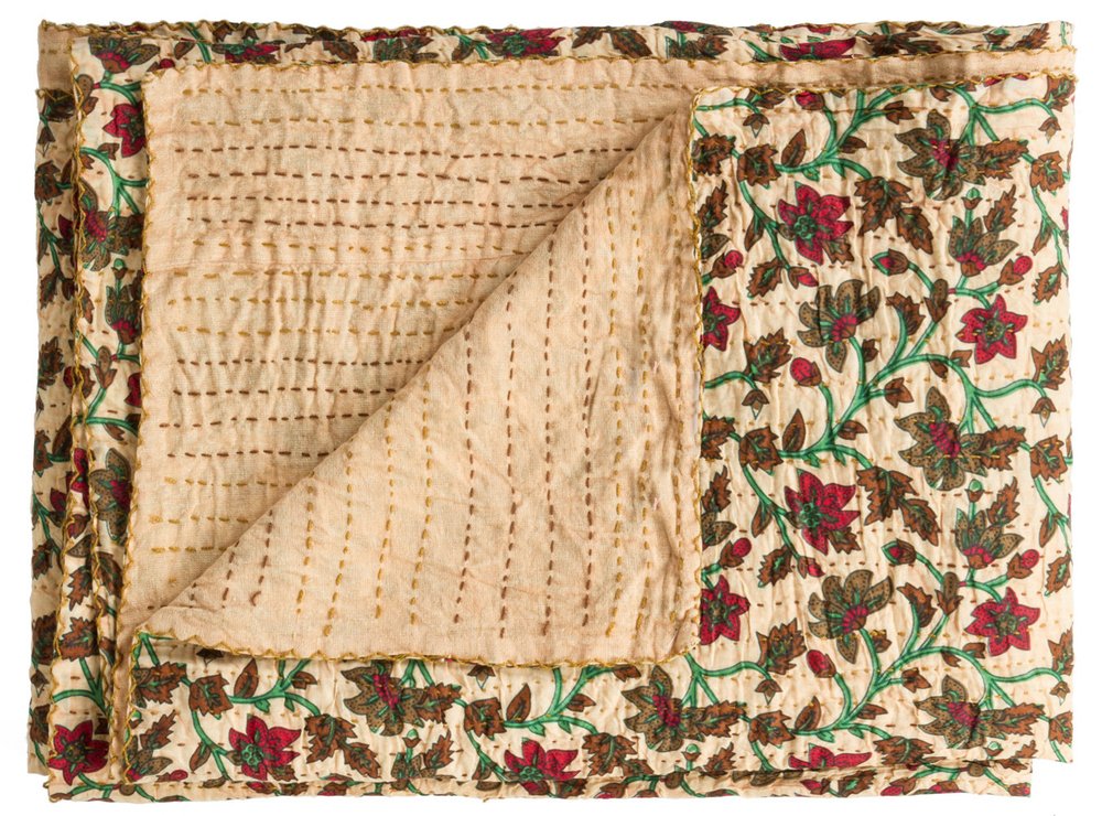 50" X 70" Brown And Pink Floral Cotton Quilted Kantha Throw Blanket with Embroidery