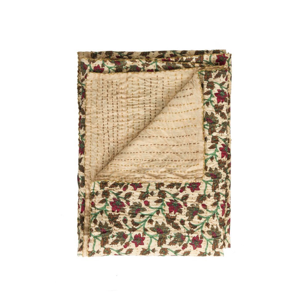 50" X 70" Brown And Pink Floral Cotton Quilted Kantha Throw Blanket with Embroidery