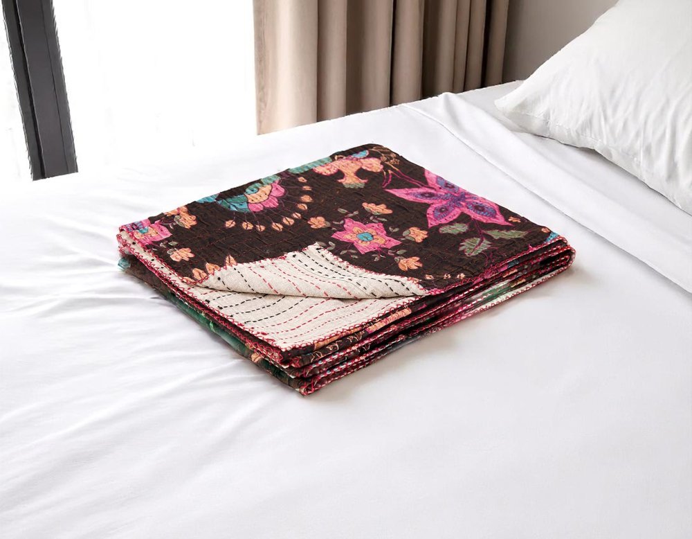 50" X 70" Brown And Beige Floral Cotton Quilted Kantha Throw Blanket with Embroidery