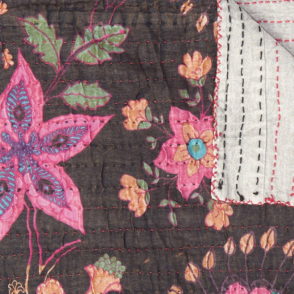 50" X 70" Brown And Beige Floral Cotton Quilted Kantha Throw Blanket with Embroidery