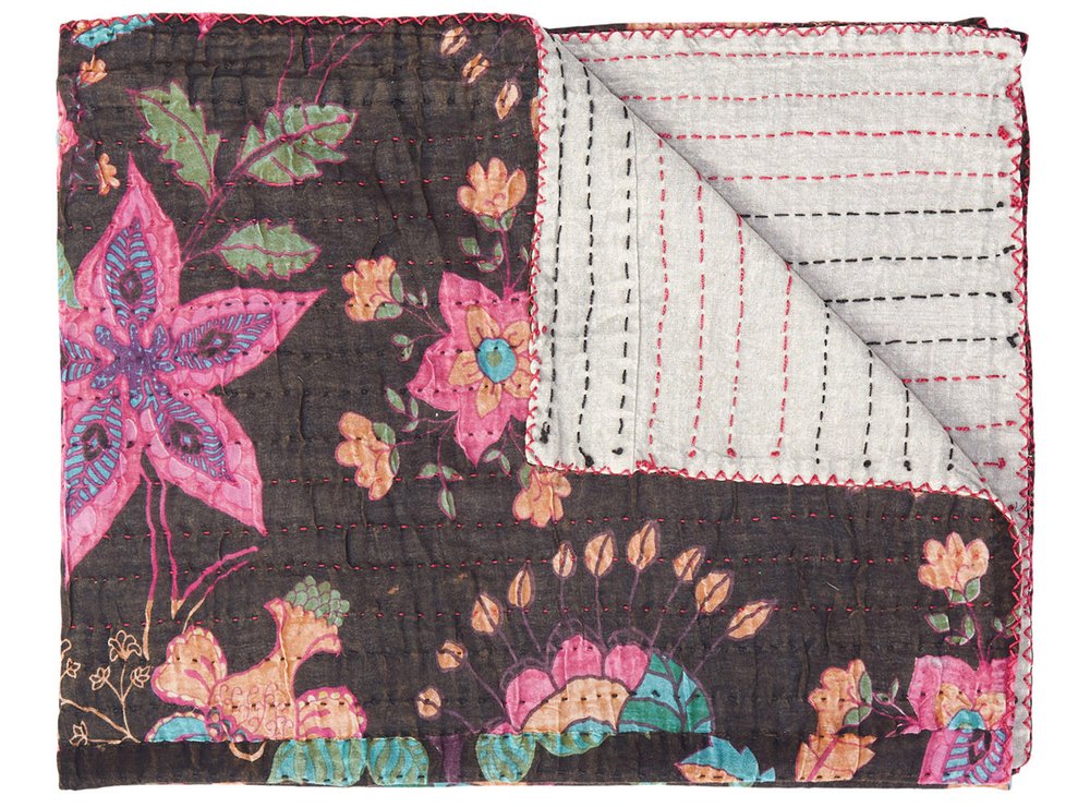 50" X 70" Brown And Beige Floral Cotton Quilted Kantha Throw Blanket with Embroidery