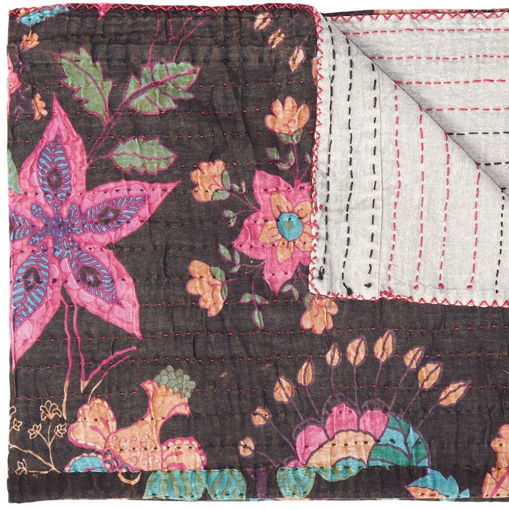 50" X 70" Brown And Beige Floral Cotton Quilted Kantha Throw Blanket with Embroidery