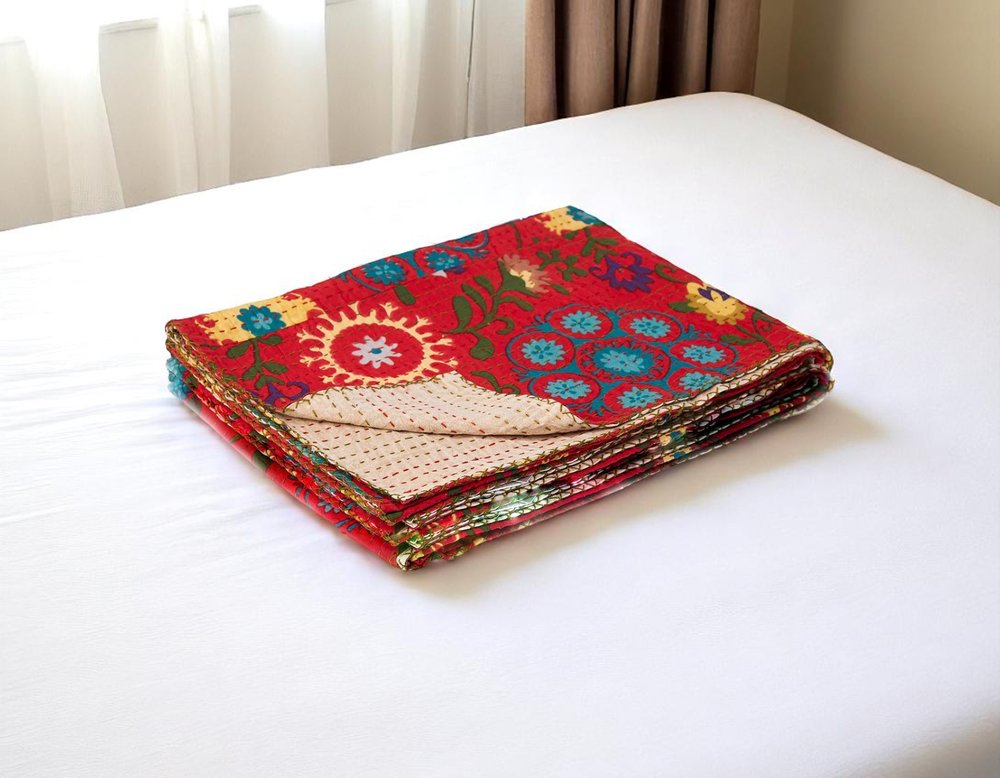 50" X 70" Red Floral Cotton Quilted Kantha Throw Blanket with Embroidery