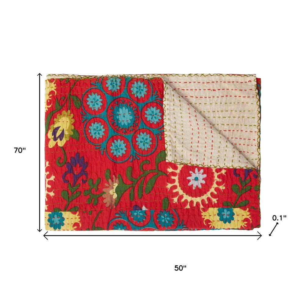 50" X 70" Red Floral Cotton Quilted Kantha Throw Blanket with Embroidery