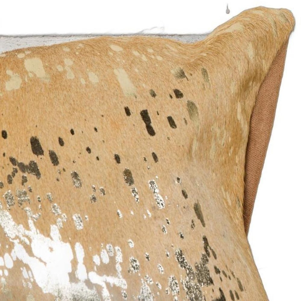 18" Gold And Brown Cowhide Cowhide Throw Pillow