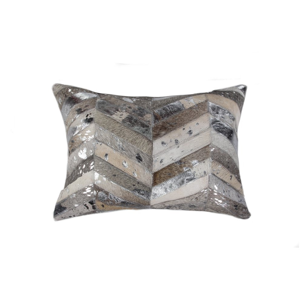 12" X 20" Gray and Silver Chevron Cowhide Lumbar Throw Pillow with Glitter