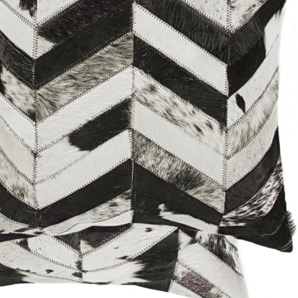 Set of Two 18" Black and Natural Chevron Cowhide Throw Pillows