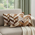 Set of Two 12" X 20" Brown and Natural Chevron Cowhide Lumbar Throw Pillows