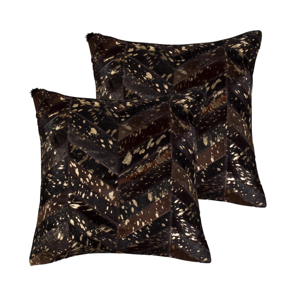 Set of Two 18" Chocolate and Gold Chevron Cowhide Throw Pillows with Glitter