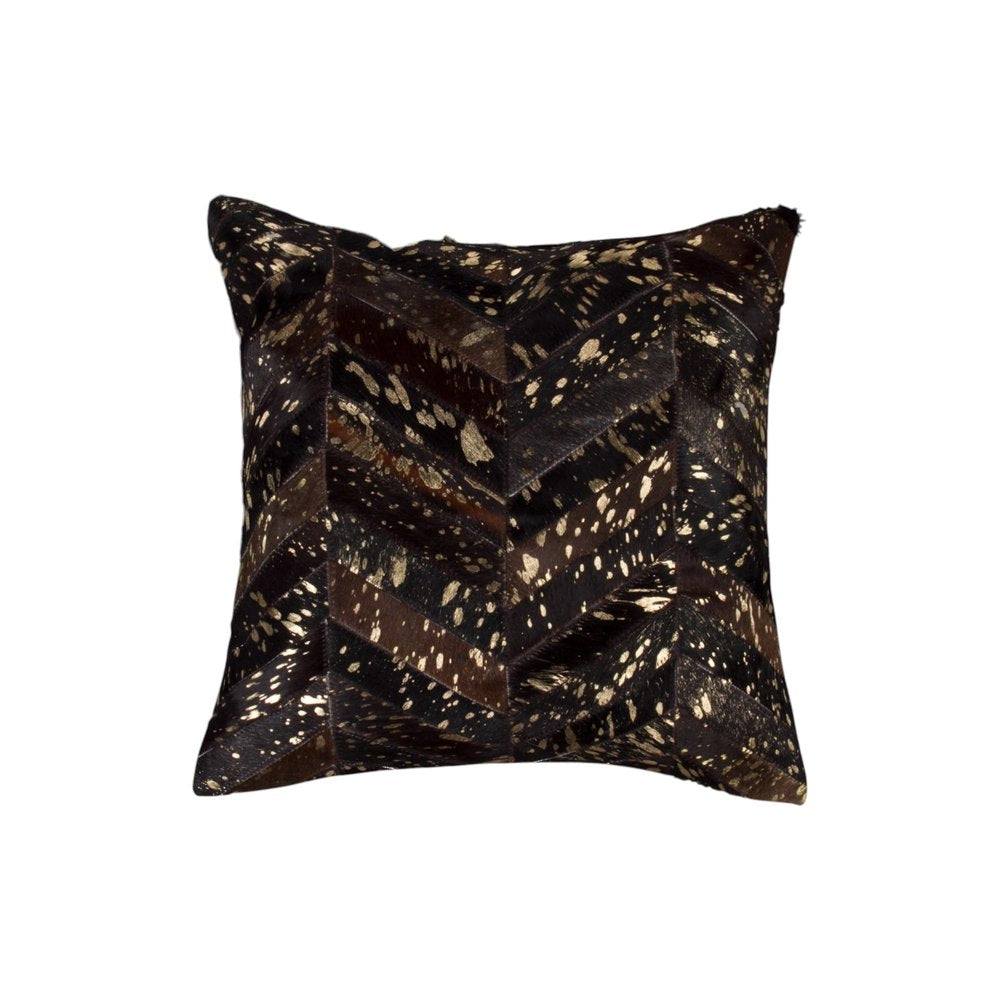 Set of Two 18" Chocolate and Gold Chevron Cowhide Throw Pillows with Glitter