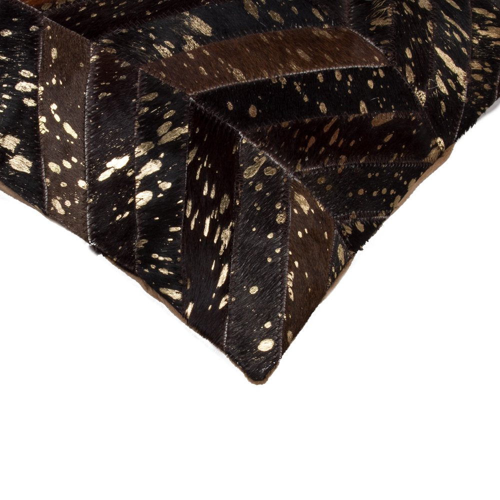 Set of Two 18" Chocolate and Gold Chevron Cowhide Throw Pillows with Glitter