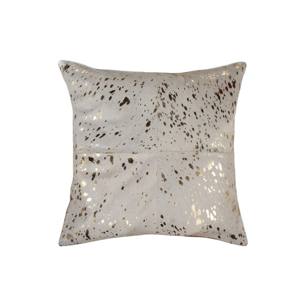 Set of Two 18" Natural and Gold Abstract Cowhide Throw Pillows with Glitter