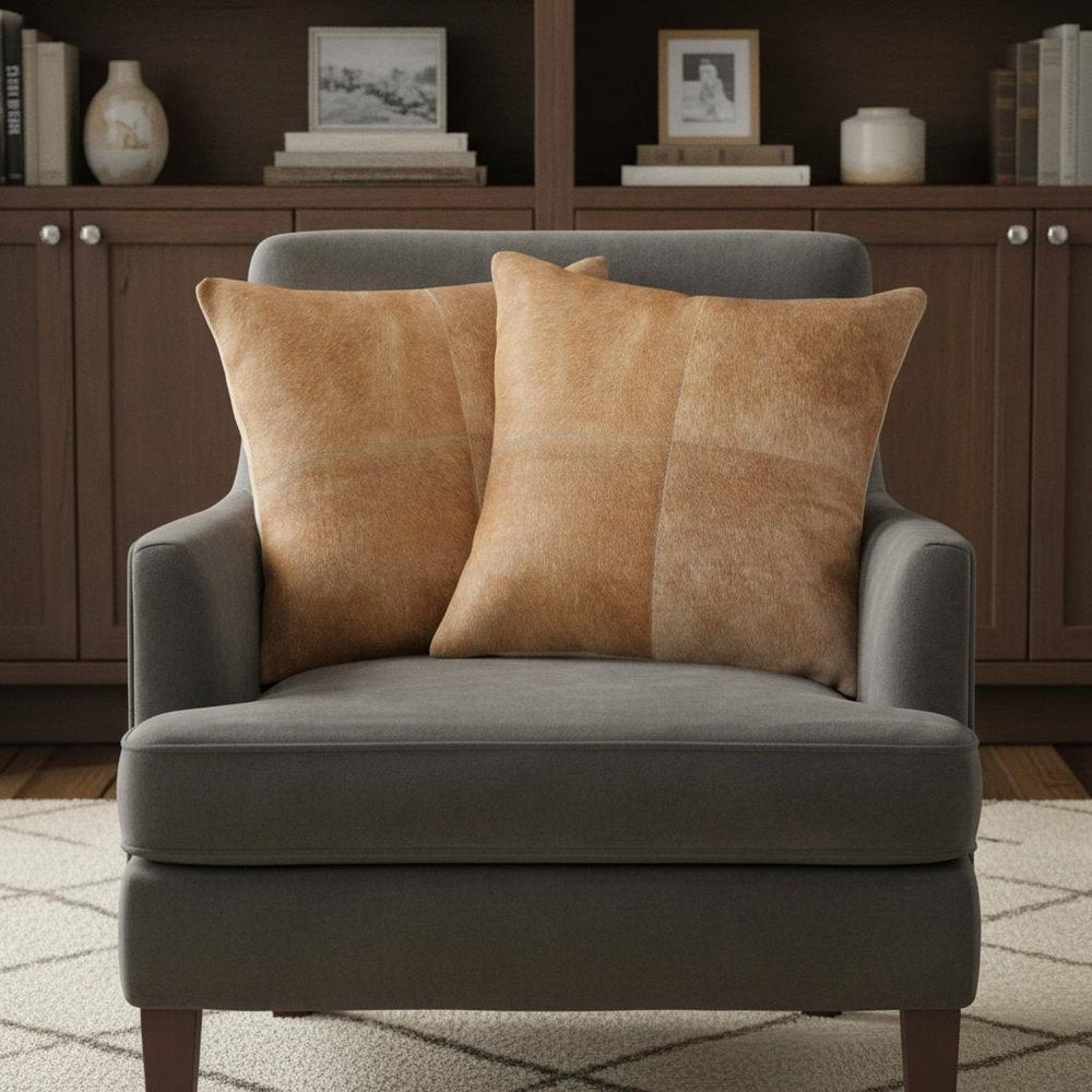 Set of Two 18" Tan Cowhide Throw Pillows
