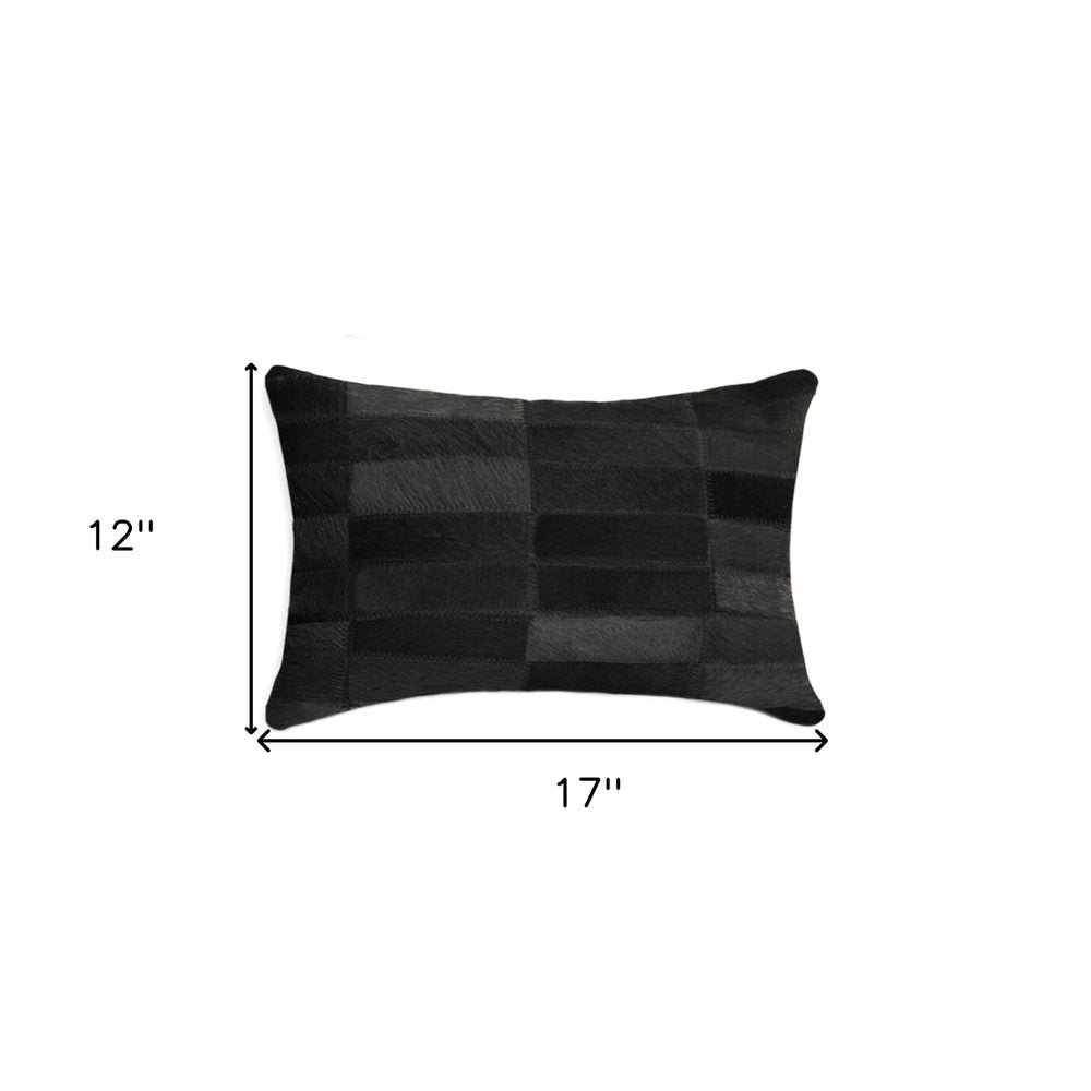 12" X 20" Black Patchwork Cowhide Lumbar Throw Pillow