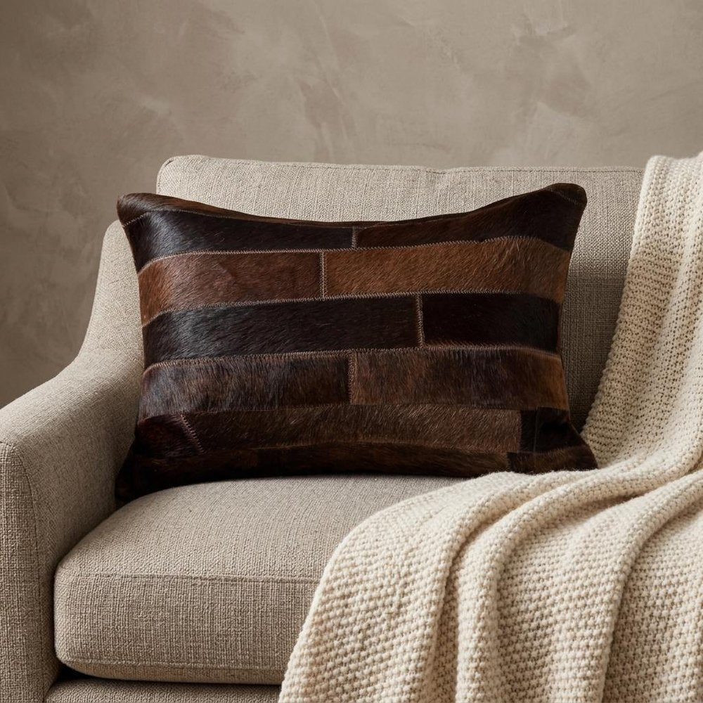 12" X 20" Chocolate Patchwork Cowhide Lumbar Throw Pillow
