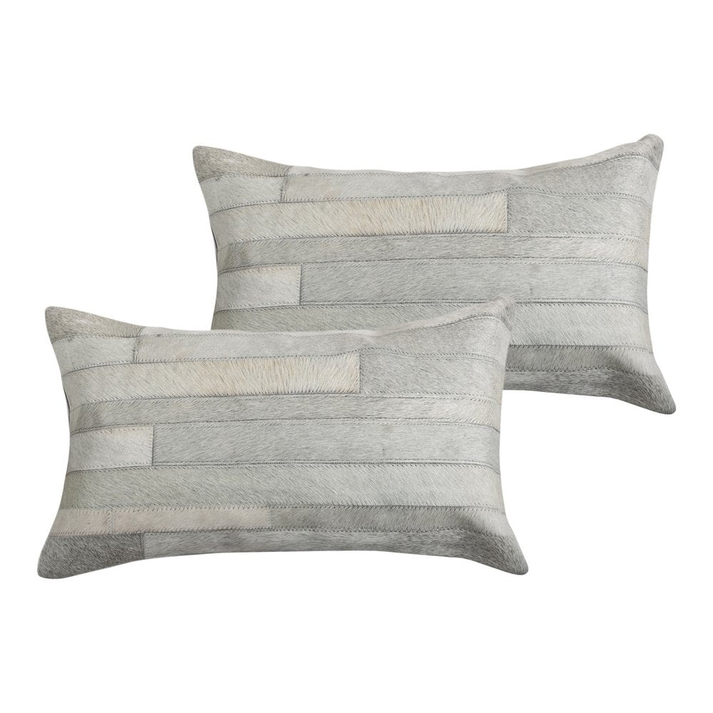Set of Two 12" X 20" Gray Patchwork Cowhide Lumbar Throw Pillows