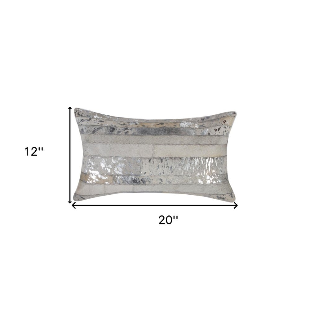 Set of Two 12" X 20" Gray and Silver Striped Cowhide Lumbar Throw Pillows with Glitter