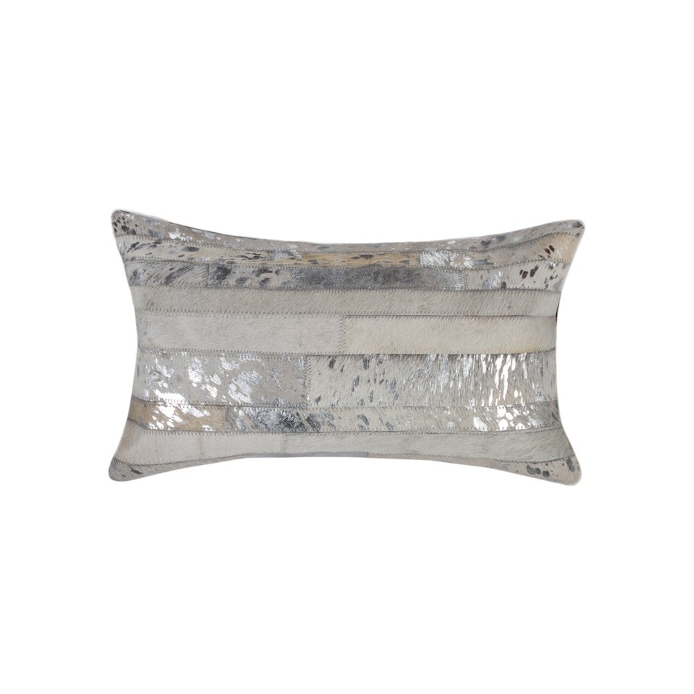 Set of Two 12" X 20" Gray and Silver Striped Cowhide Lumbar Throw Pillows with Glitter