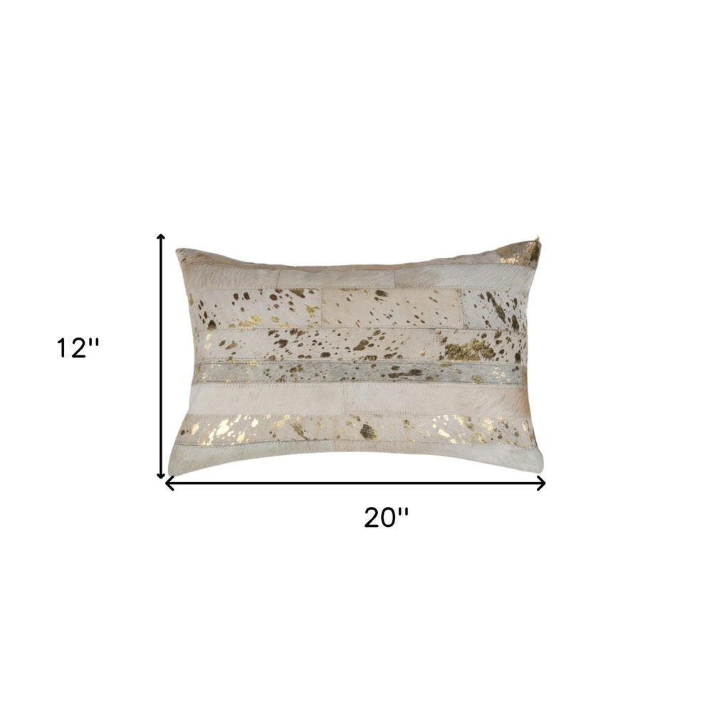 Set of Two 12" X 20" Natural and Gold Patchwork Cowhide Lumbar Throw Pillows with Glitter