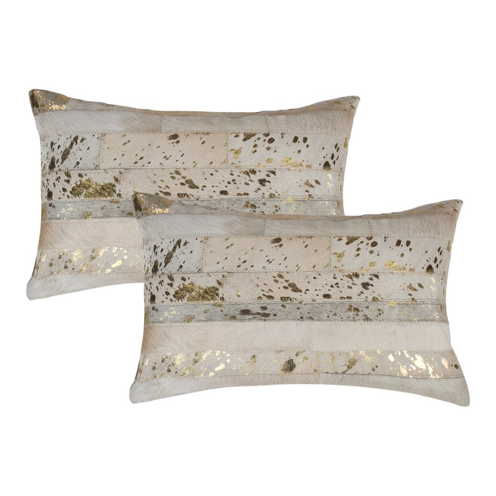 Set of Two 12" X 20" Natural and Gold Patchwork Cowhide Lumbar Throw Pillows with Glitter