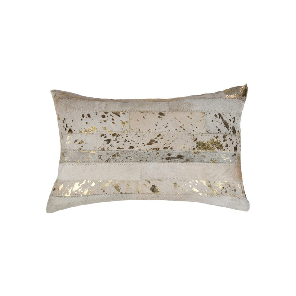Set of Two 12" X 20" Natural and Gold Patchwork Cowhide Lumbar Throw Pillows with Glitter