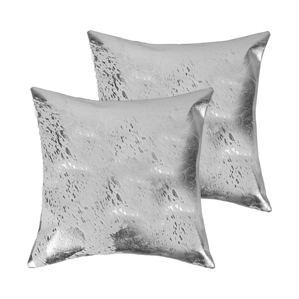 Set of Two 18" Gray and Silver Abstract Cowhide Throw Pillows with Glitter