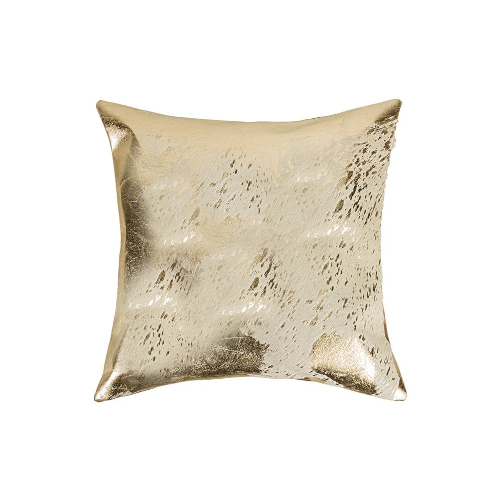 Set of Two 18" Natural and Gold Abstract Cowhide Throw Pillows with Glitter