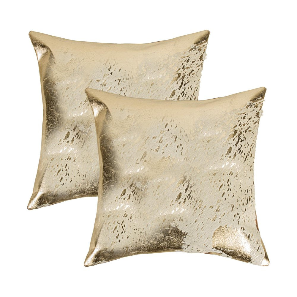 Set of Two 18" Natural and Gold Abstract Cowhide Throw Pillows with Glitter